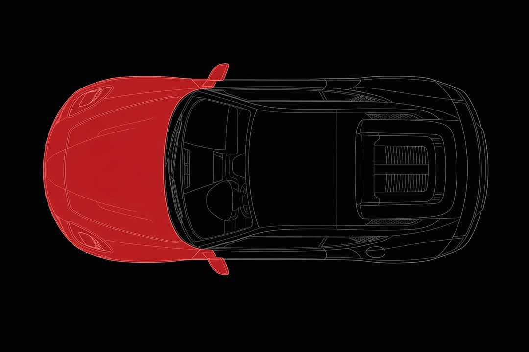 Coverage diagram: full front — entire hood, fenders, bumper, mirrors and headlights highlighted