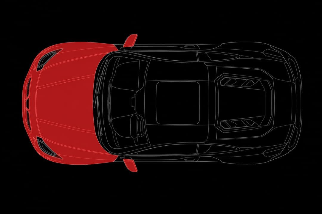 Coverage diagram: partial front — bumper, leading hood and fender edges, mirrors highlighted