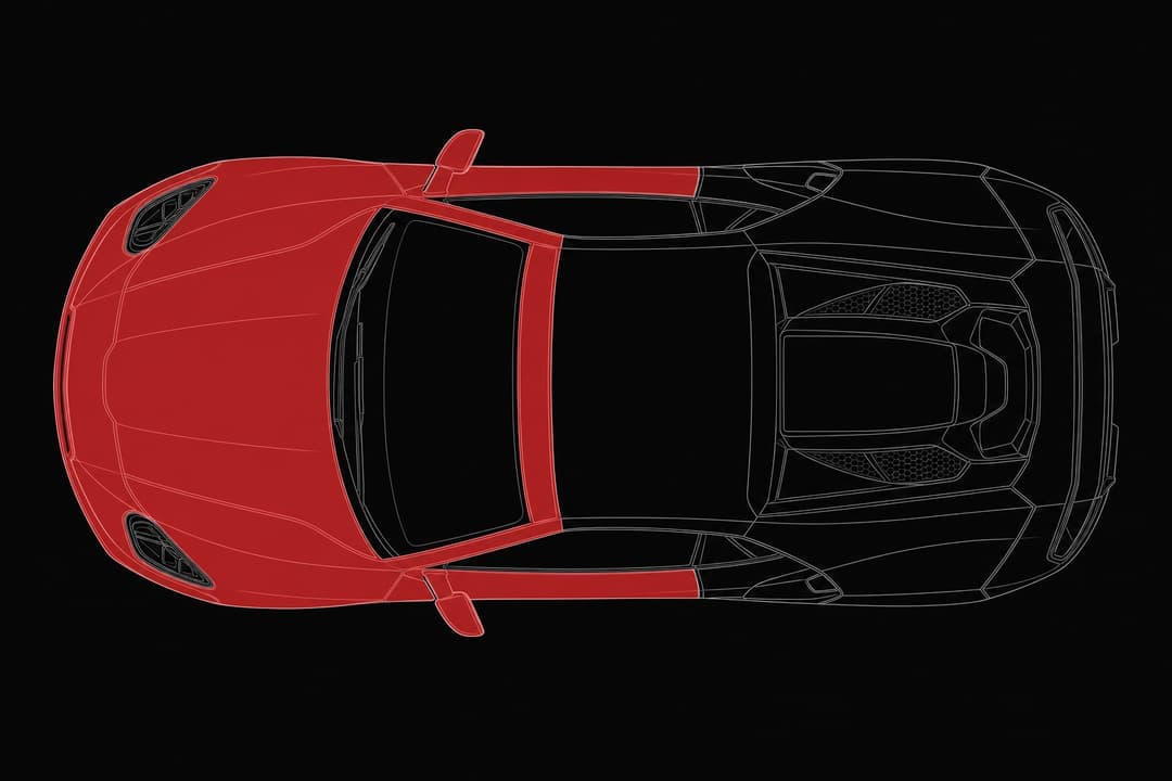 Coverage diagram: track package — full front plus rockers, A-pillars and leading roof edge highlighted