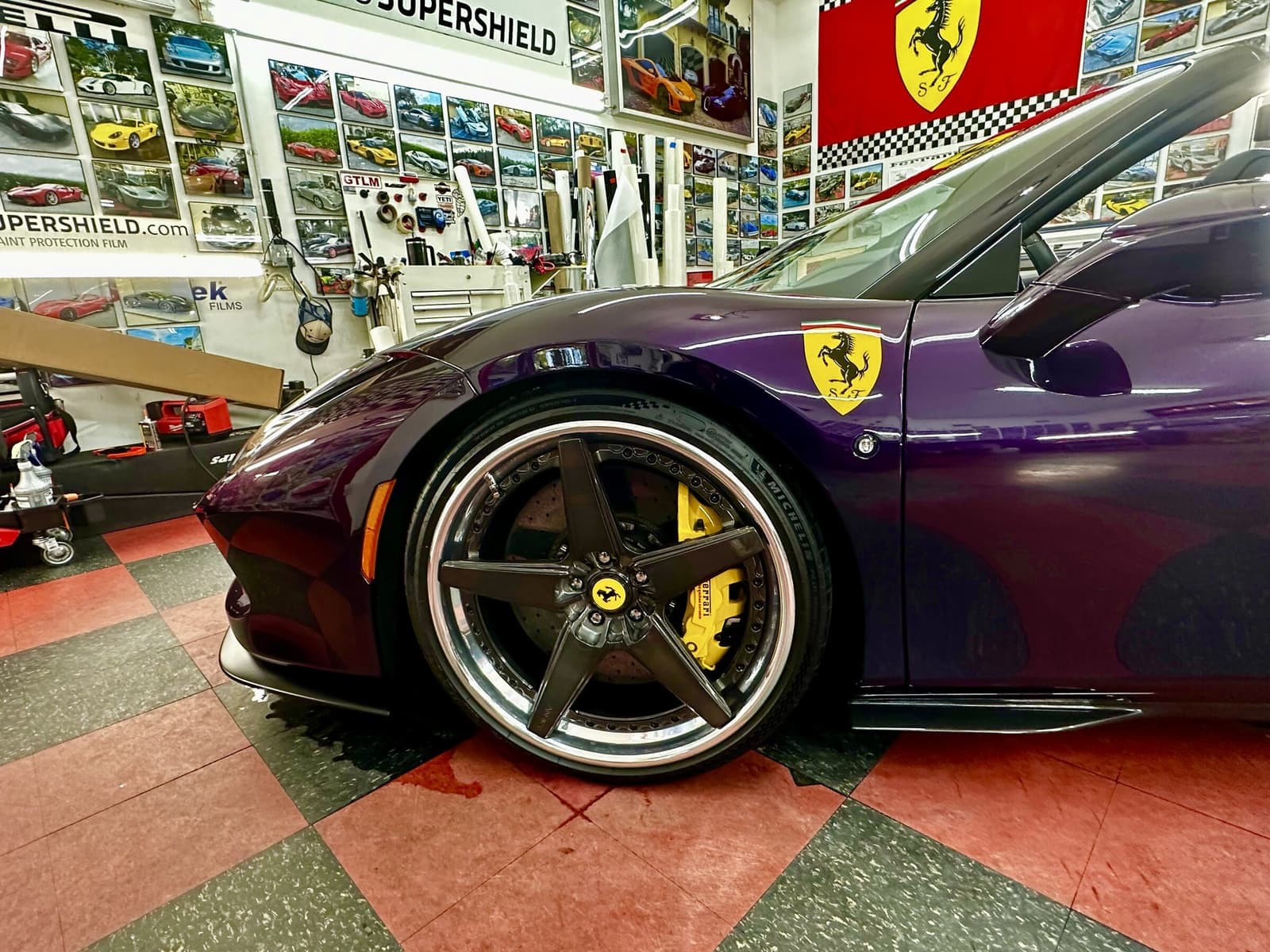 Purple color wrap PPF detail on a Ferrari F8 at Auto SuperShield Boca Raton