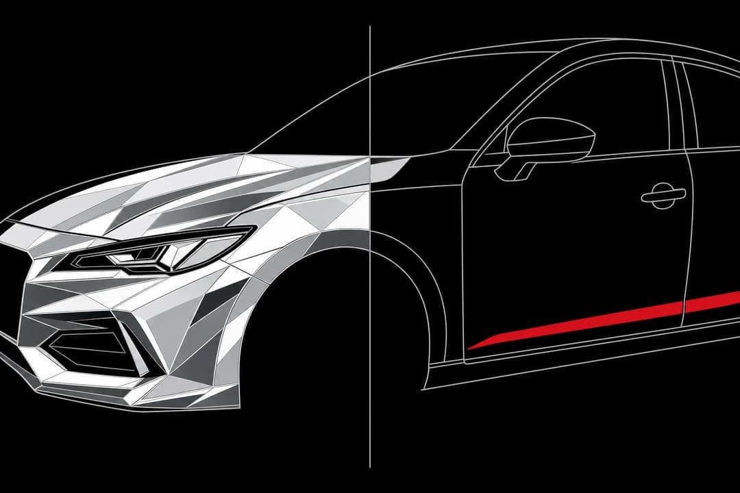 Diagram of a car split down the middle, one half rendered as faceted mirror chrome and the other as a plain outline with a red accent stripe