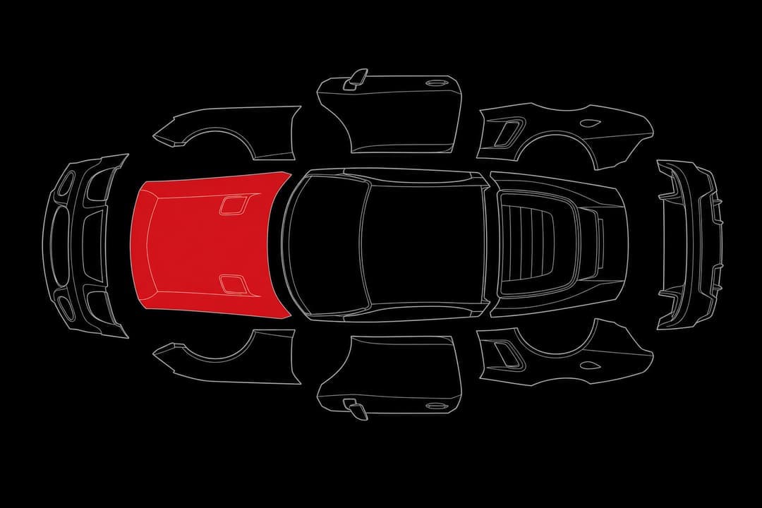 Top-down diagram of a sports car exploded into individual vinyl wrap panels, the hood highlighted in red