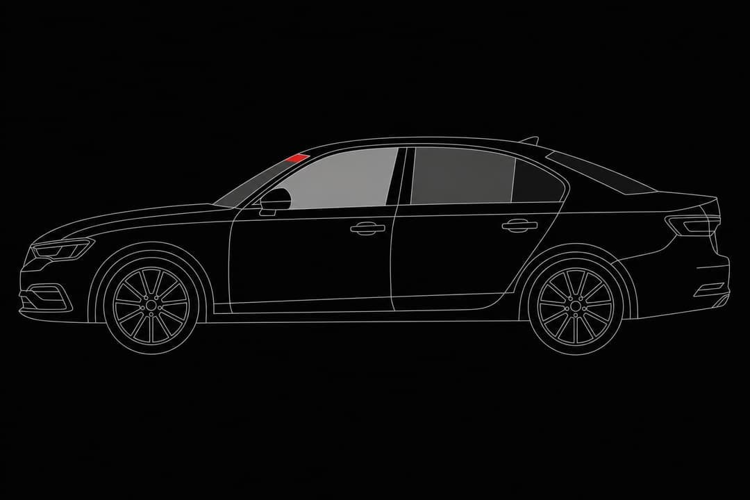 Line diagram of a sedan in profile with each window shaded to a different tint density and the windshield's legal top strip marked in red