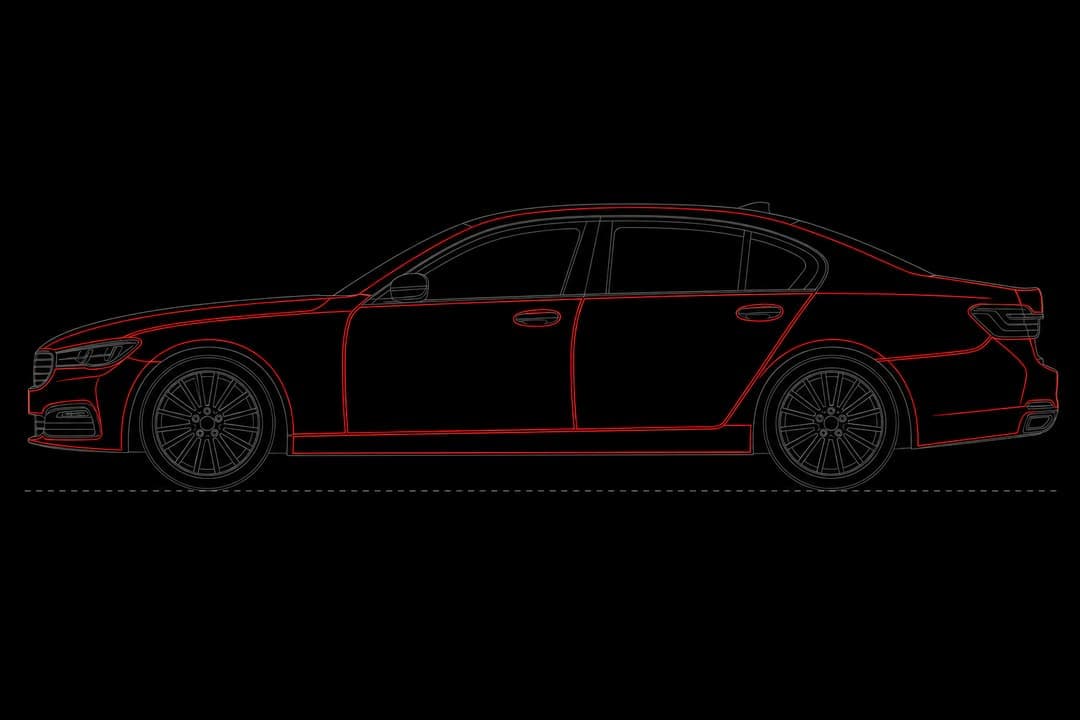 Side view line drawing of a sedan with every painted panel outlined in red, showing full body paint protection film coverage