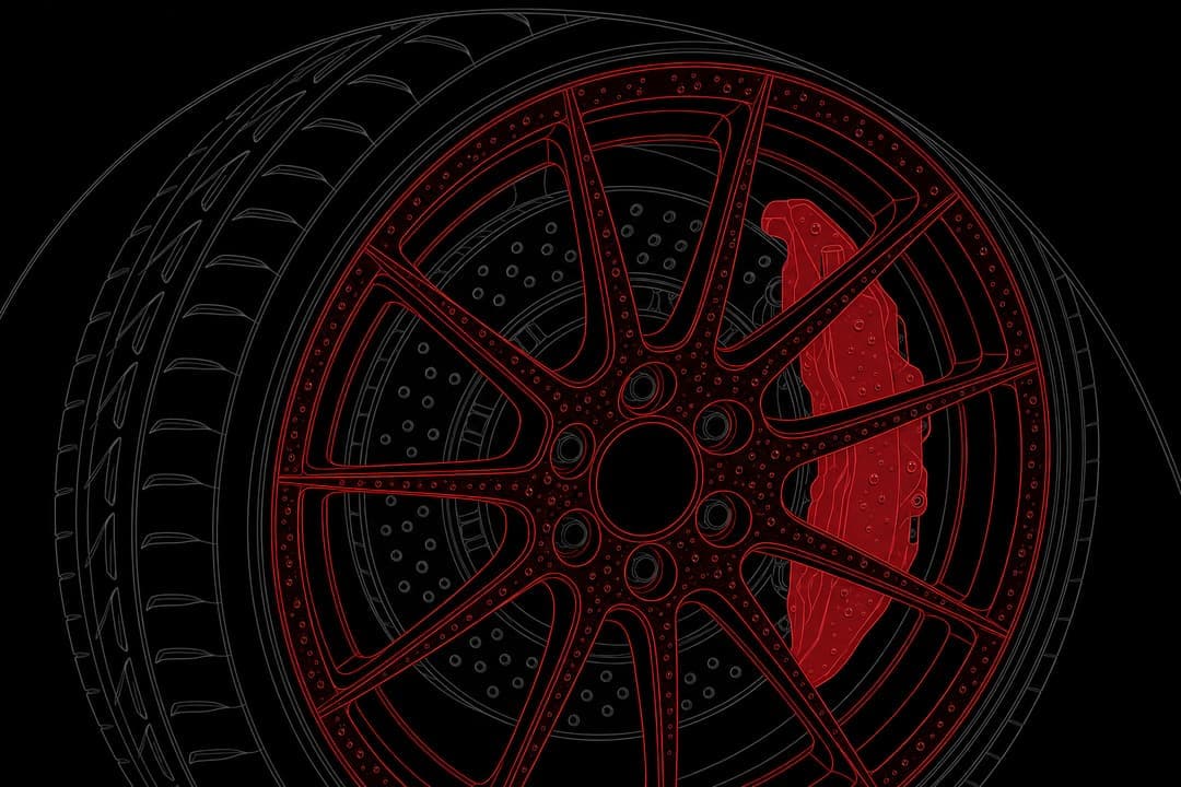 Close-up line drawing of a car wheel and brake caliper with the coated wheel face and caliper highlighted in red