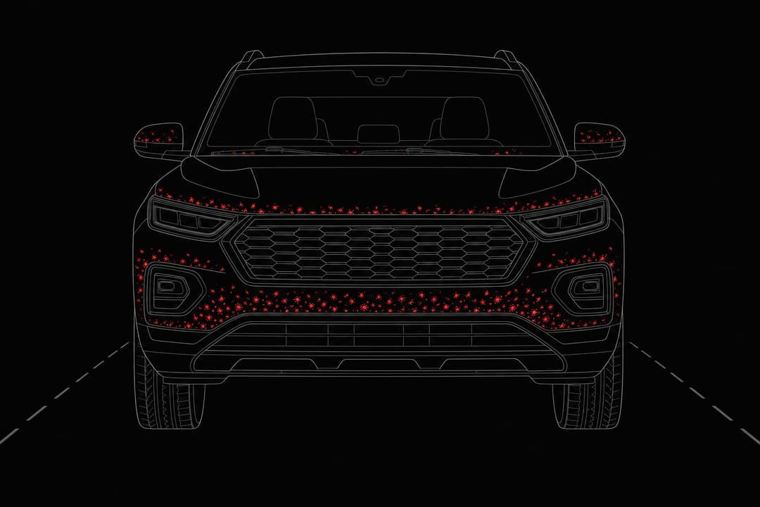 Front view line drawing of an SUV with insect impacts concentrated across the bumper, hood edge and mirrors, the strike zone highlighted