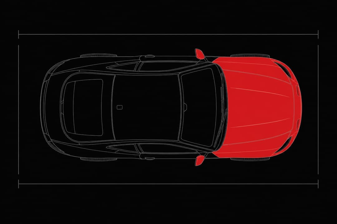 Overhead line drawing of a sports coupe with the full front paint protection coverage zone highlighted across the bumper, hood, fenders and mirrors