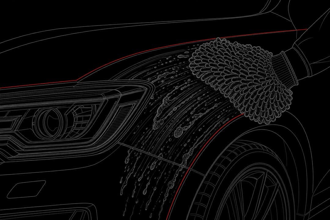 Line drawing of a wash mitt moving across a car's front fender, with the paint protection film edge traced in red along the hood and wheel arch