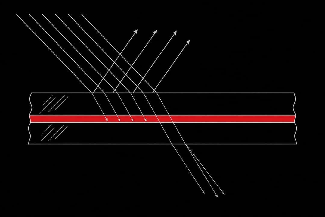 Cross-section diagram of laminated solar glass showing sunlight reflecting off the surface and being absorbed by a red interlayer