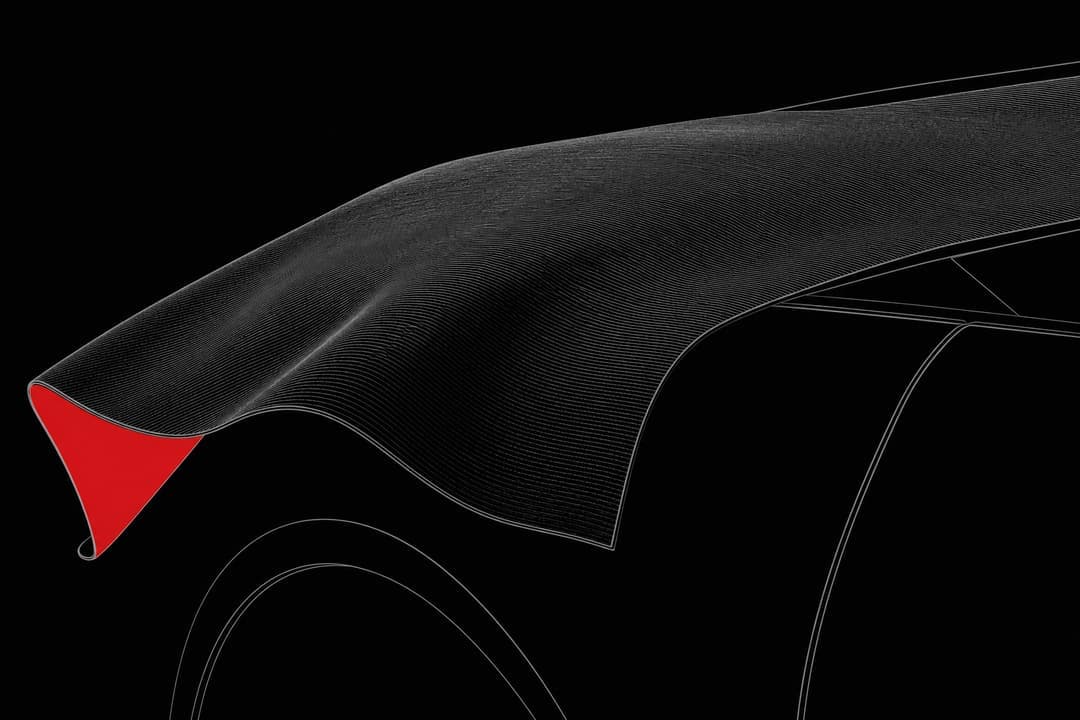 Close-up diagram of velvet-textured wrap film draping over a car body curve with the lifted underside shown in red