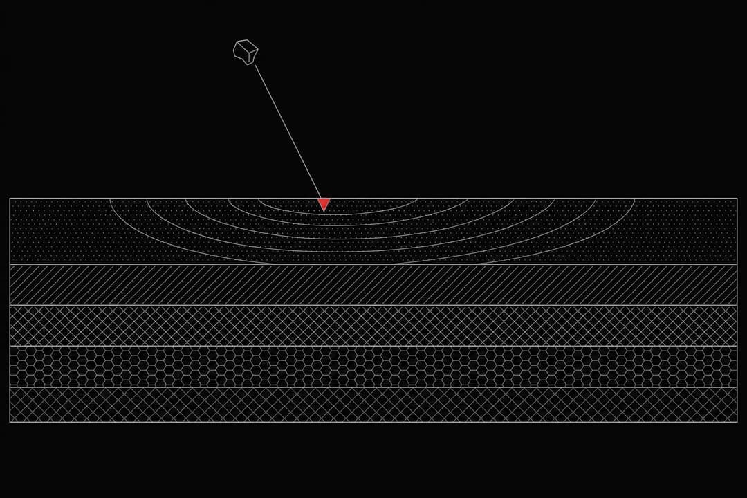 Cross-section diagram of a stone striking layered windshield glass, with impact energy dispersing sideways from the marked point of contact