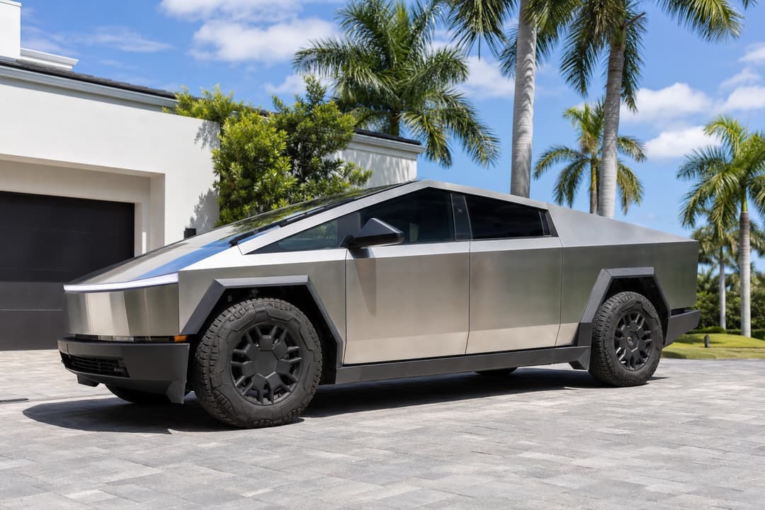 Tesla Cybertruck on a paver driveway in Boca Raton