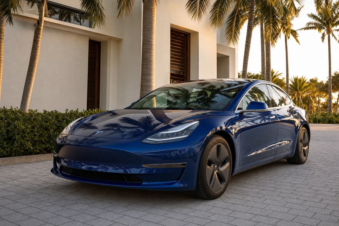 Blue Tesla Model 3 with fresh paint protection film in golden South Florida light