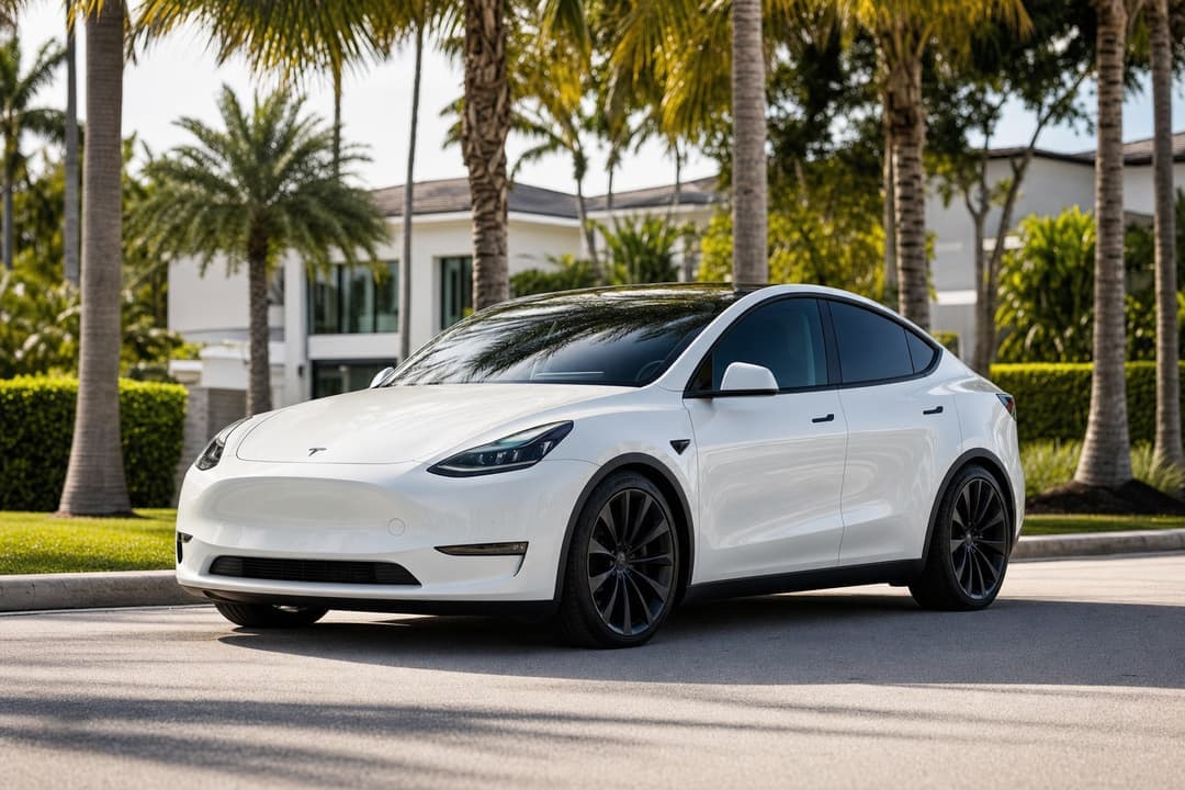 White Tesla Model Y on a palm-lined South Florida street