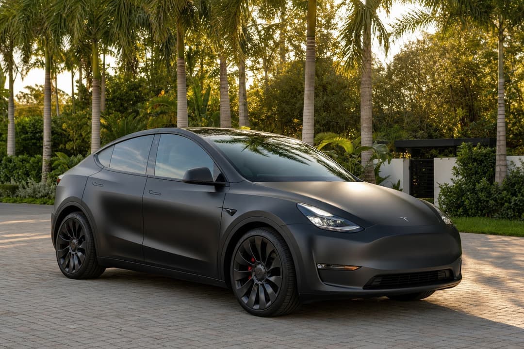 Satin black color-wrapped Tesla Model Y under South Florida palms
