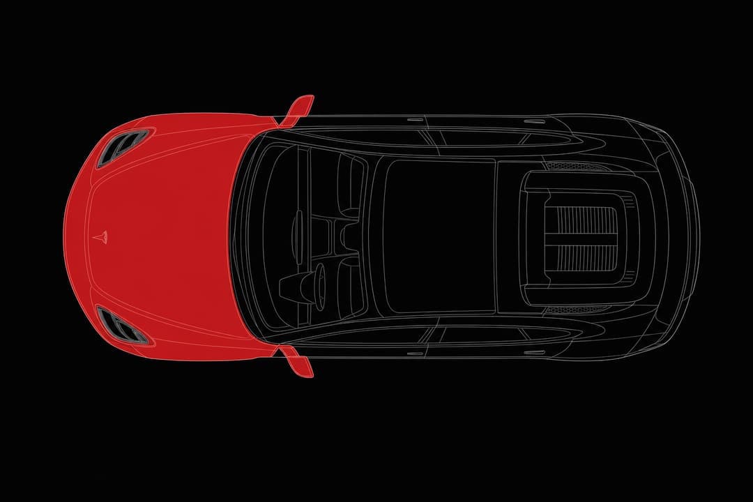 Coverage diagram: Tesla with front bumper, hood, fenders and mirrors highlighted for paint protection film