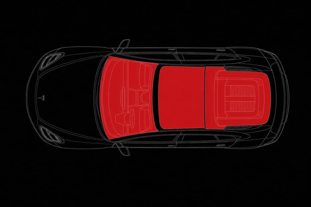 Coverage diagram: Tesla with windshield, panoramic roof and rear glass highlighted for window tint
